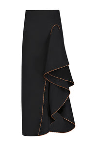 Cotton Poplin Ruffle Detail Pencil Skirt in Black