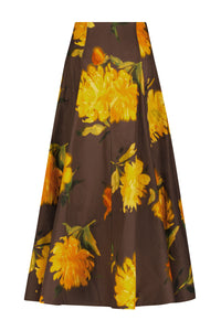 Floral Printed Cotton Parker Skirt in Chocolate Multi