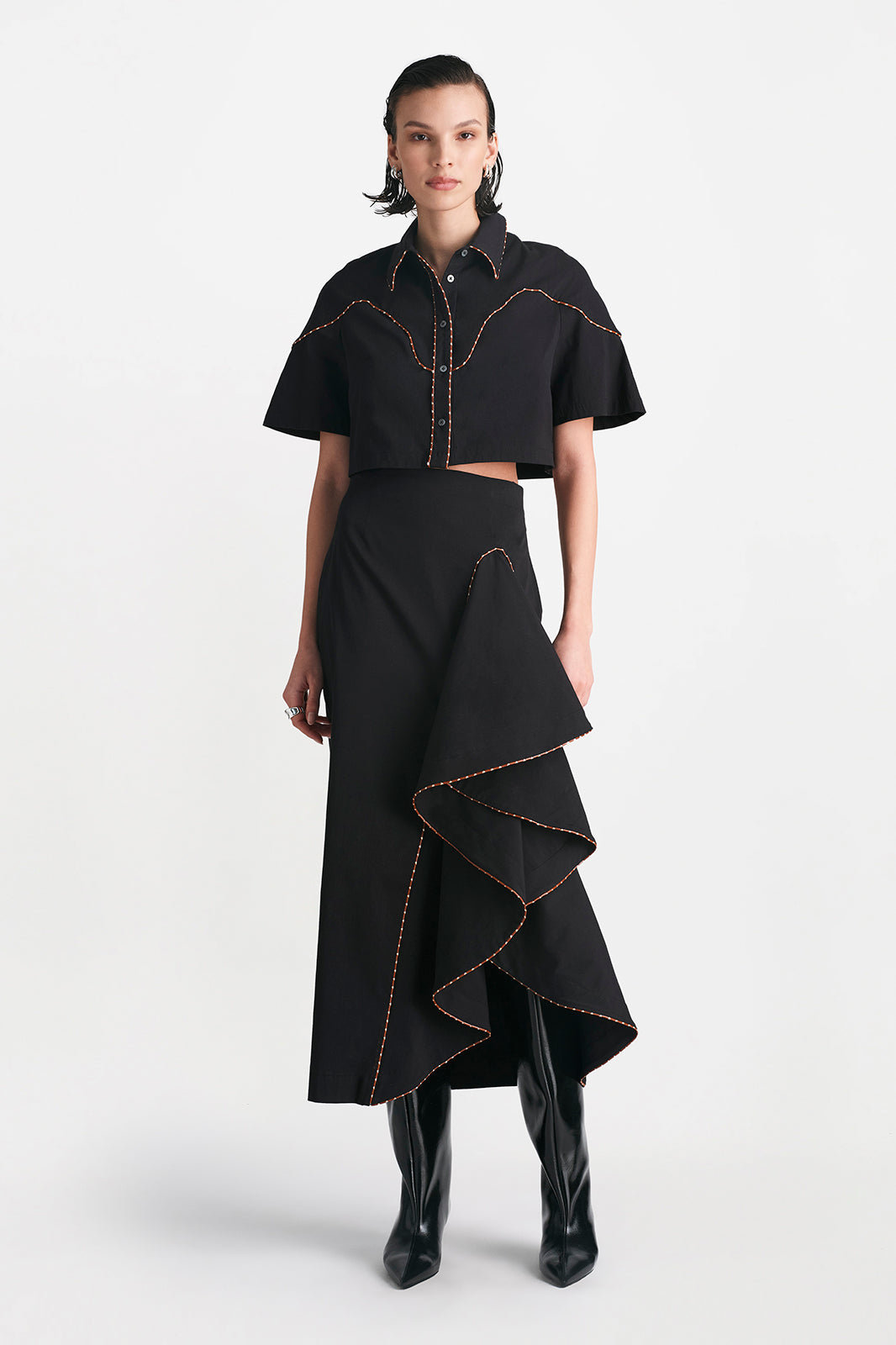 Cotton Poplin Leather Trim Cropped Shirt in Black