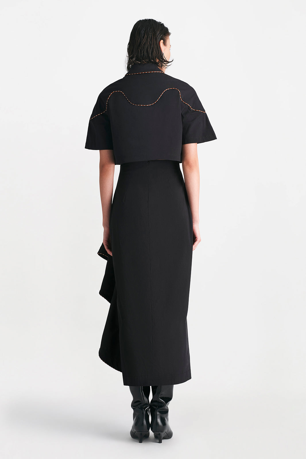 Cotton Poplin Leather Trim Cropped Shirt in Black