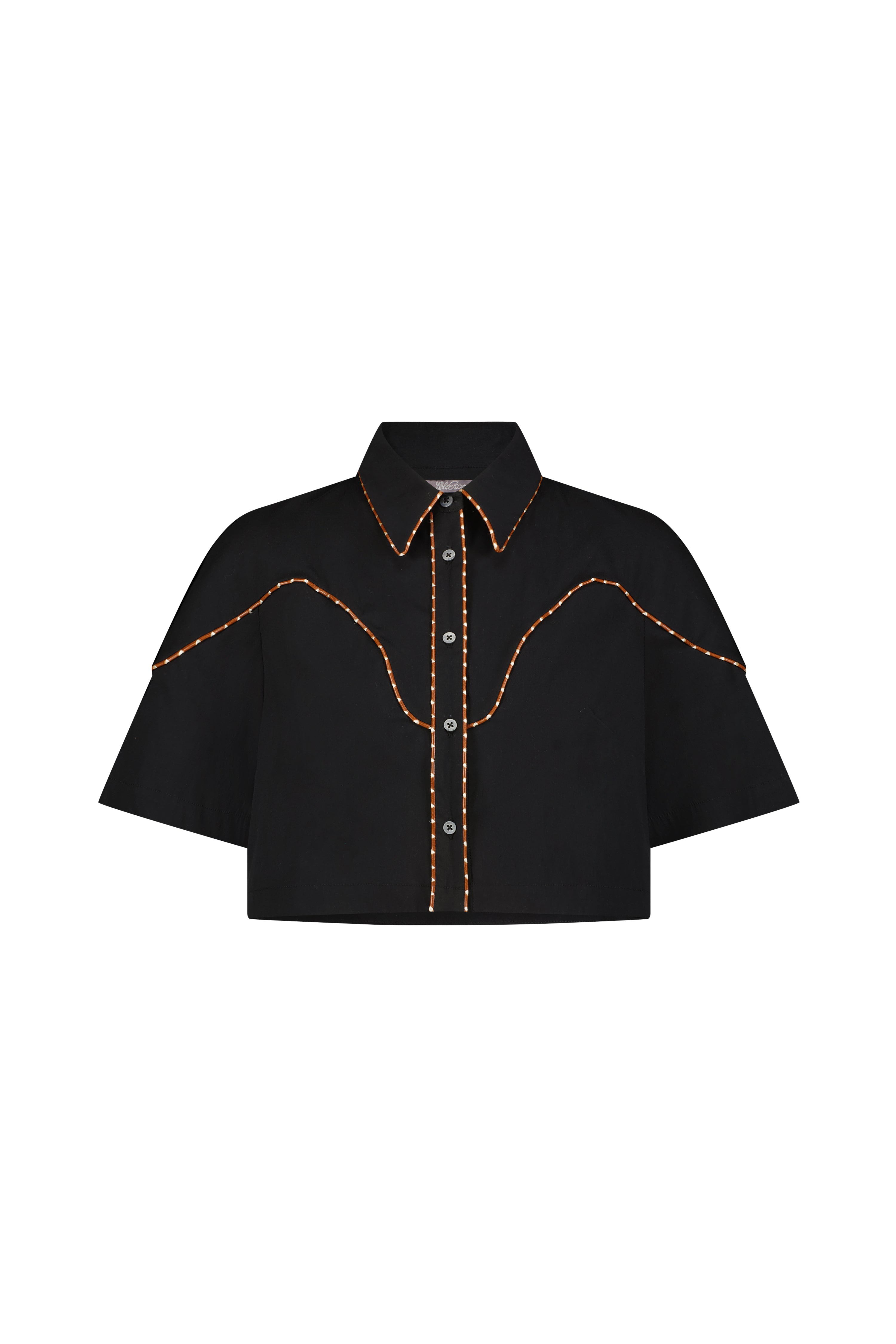 Cotton Poplin Leather Trim Cropped Shirt in Black
