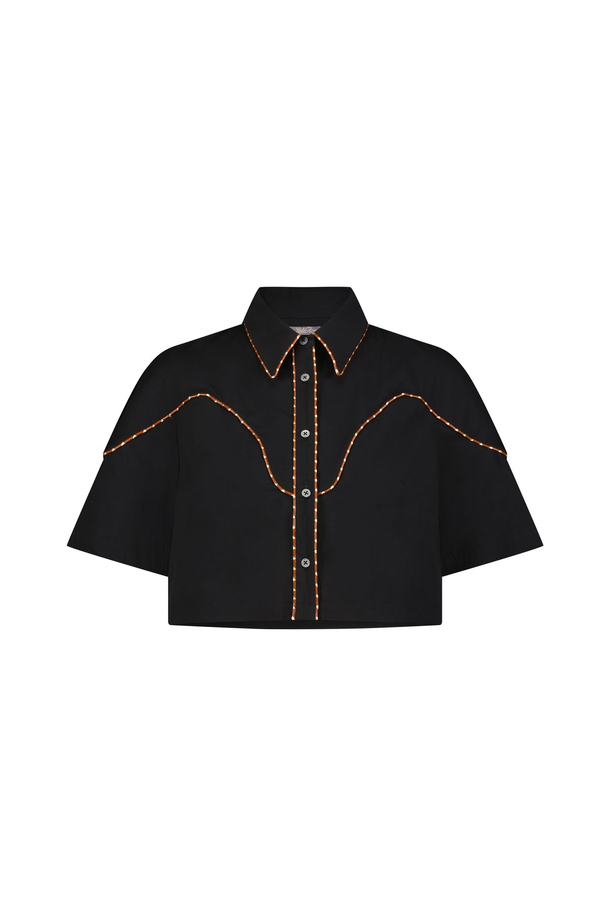 Cotton Poplin Leather Trim Cropped Shirt in Black