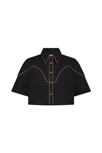Cotton Poplin Leather Trim Cropped Shirt in Black