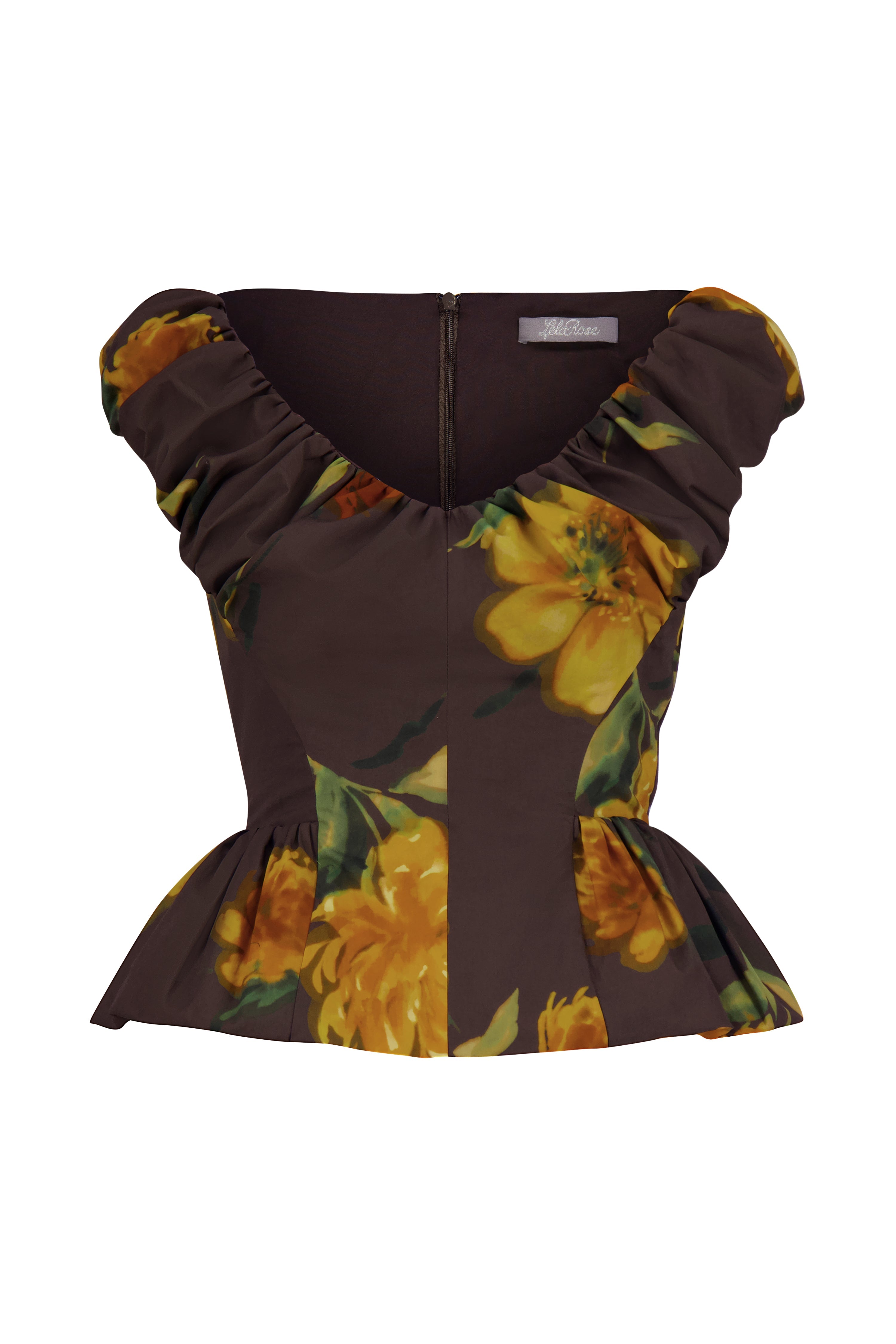 Floral Printed Cotton Shirred V Neck Peplum Top in Chocolate Multi