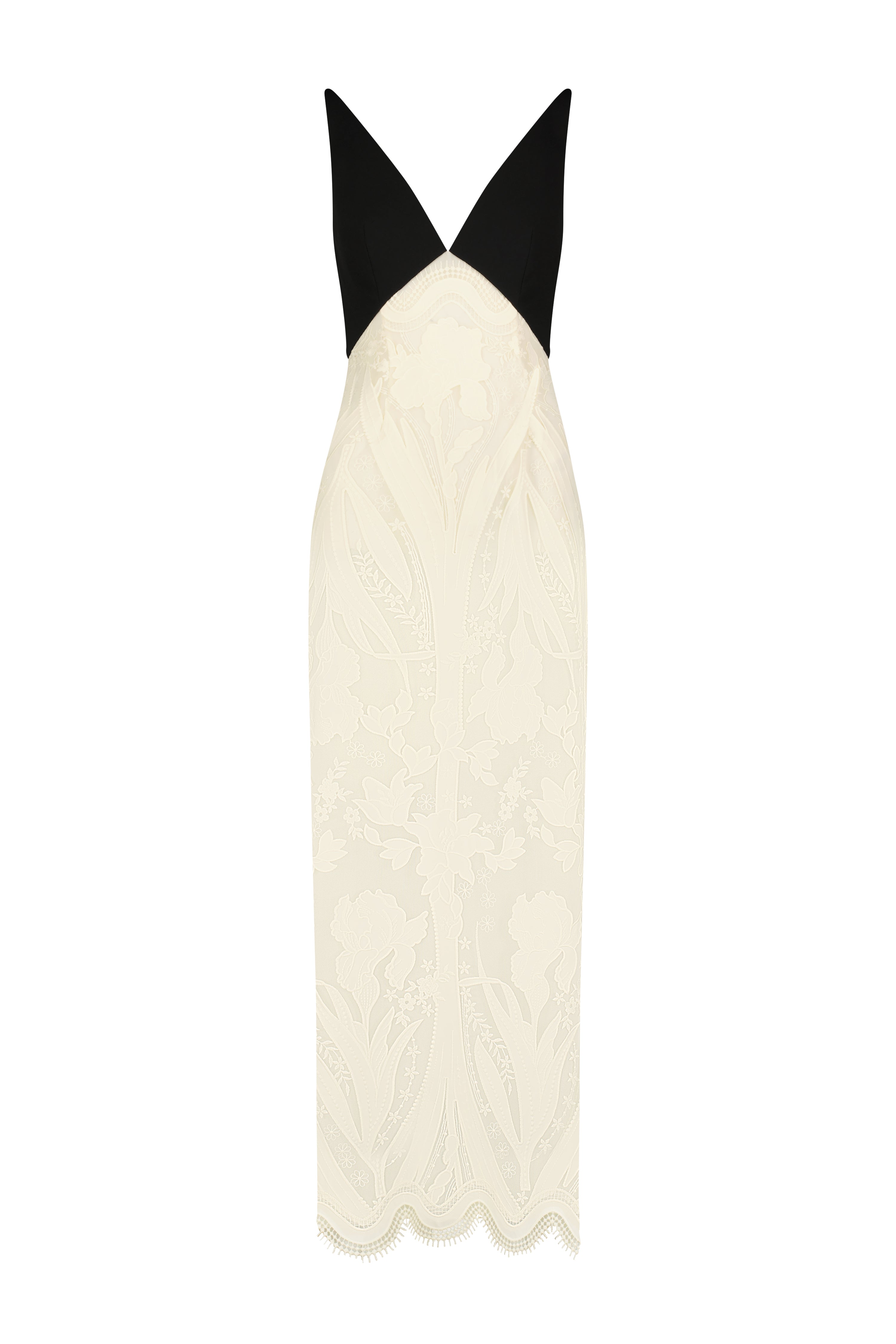 Floral Embroidered Tulle V Neck Sheath Dress in Black & Ivory