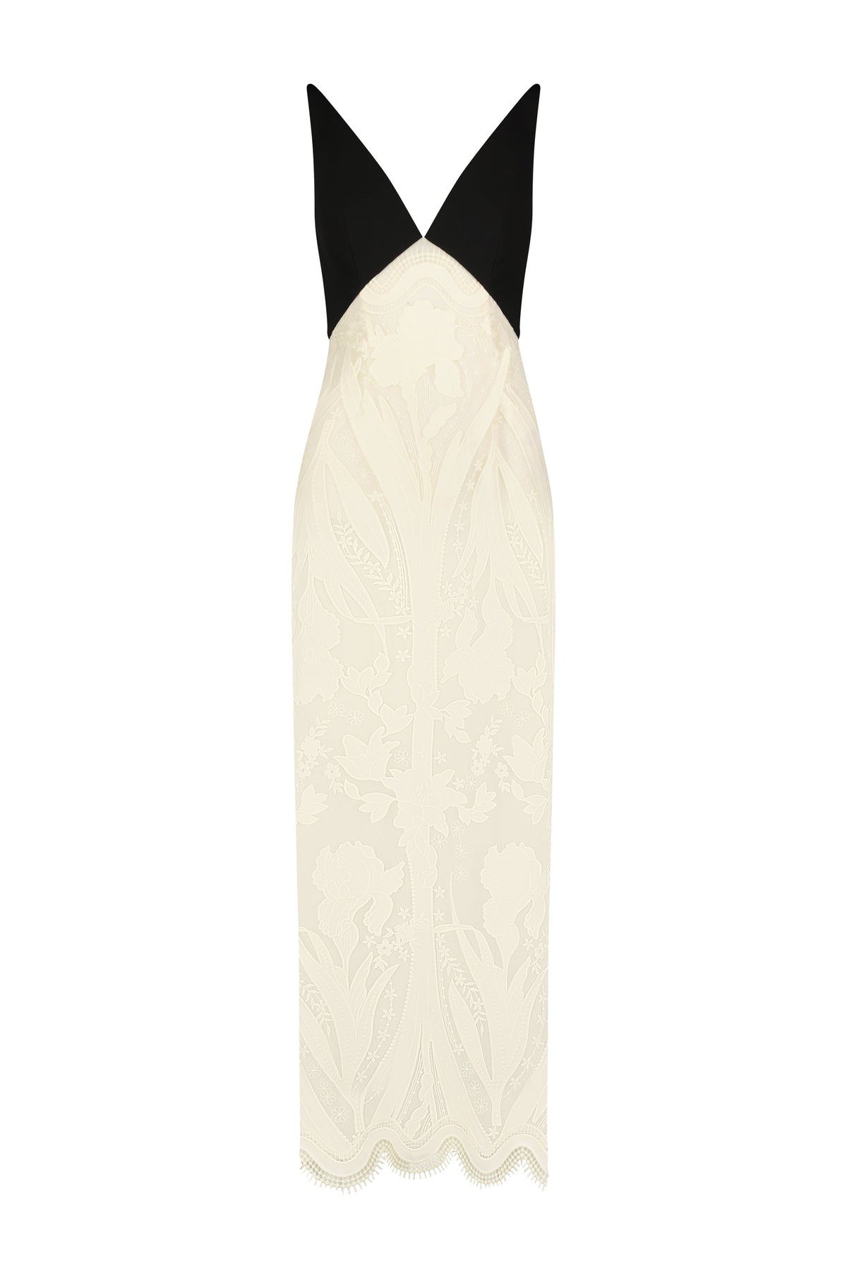 Floral Embroidered Tulle V Neck Sheath Dress in Black & Ivory