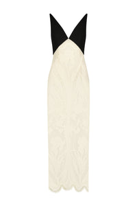 Floral Embroidered Tulle V Neck Sheath Dress in Black & Ivory