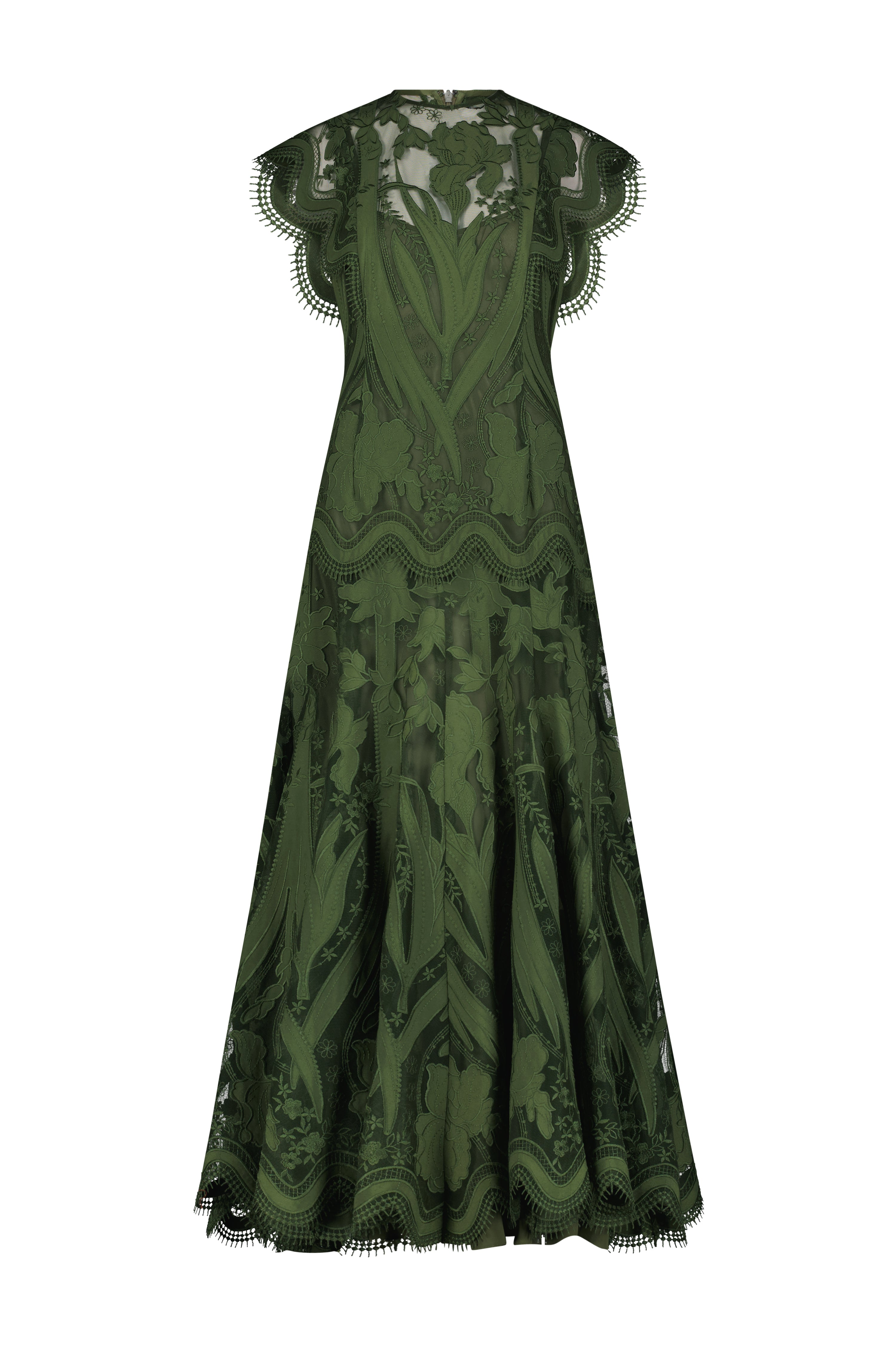 Floral Embroidered Tulle Sleeveless A Line Dress in Forest