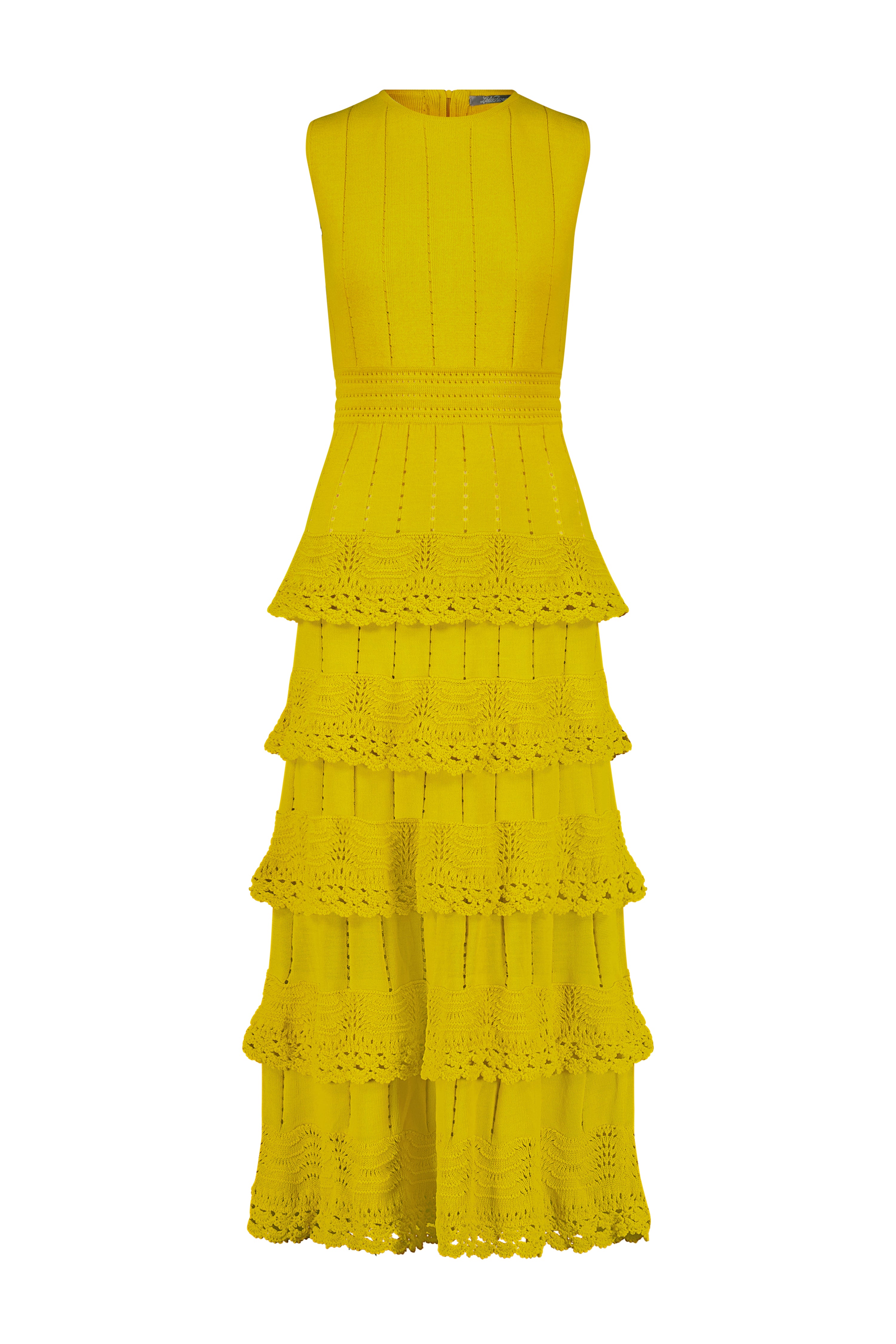 Crochet Ruffle Knit Sleeveless Piper Dress in Mustard
