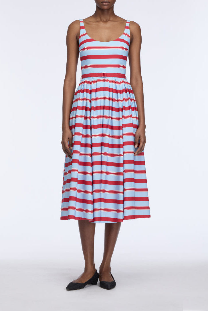 Eglantine Dress in Blue & Red Striped Cotton Popclan
