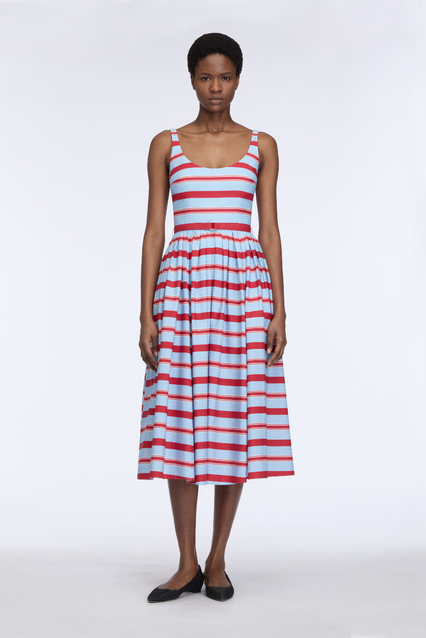 Eglantine Dress in Blue & Red Striped Cotton Popclan