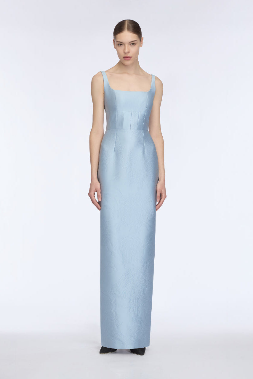 Megara Dress in Icy Blue Embossed Cloque