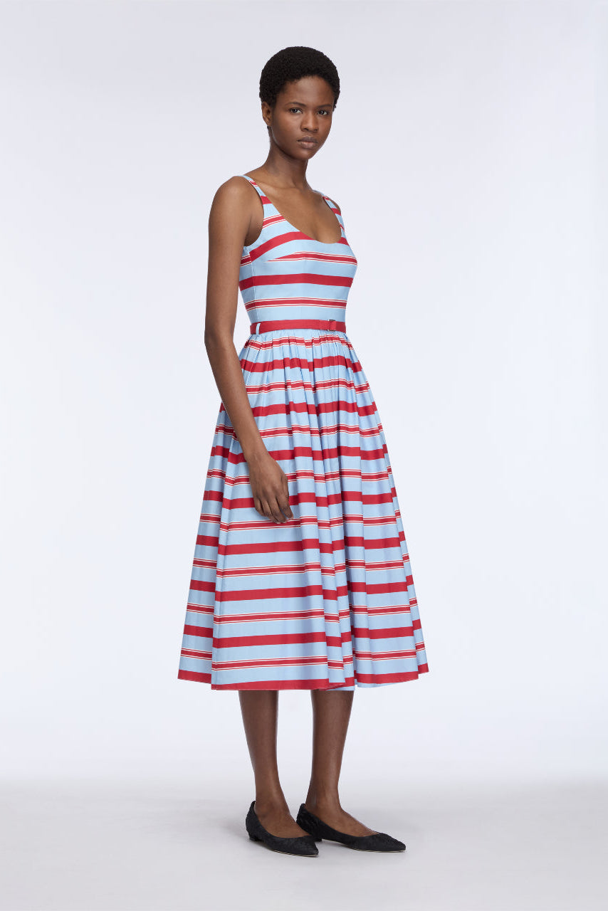 Eglantine Dress in Blue & Red Striped Cotton Popclan