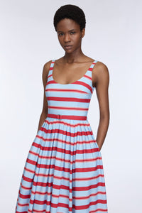 Eglantine Dress in Blue & Red Striped Cotton Popclan