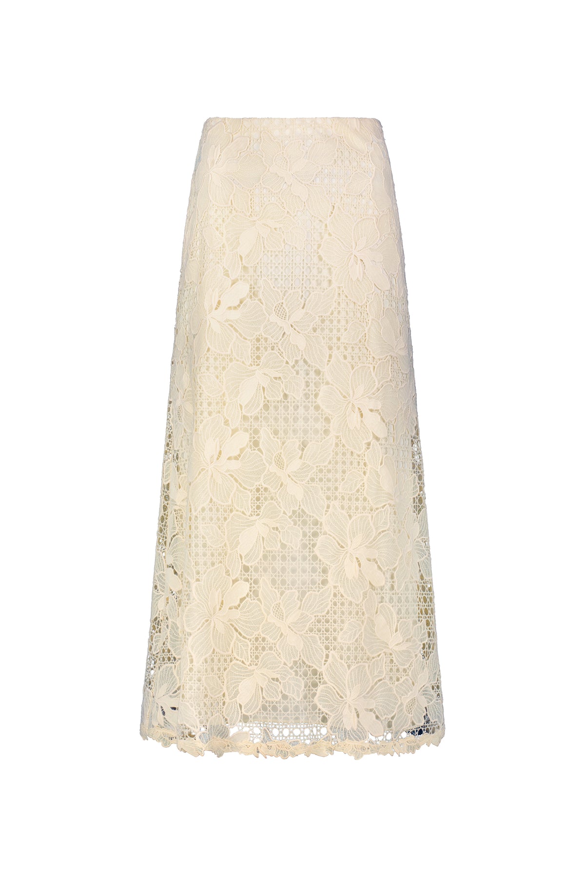 Lattice Guipure Lace Midi Skirt in Cream