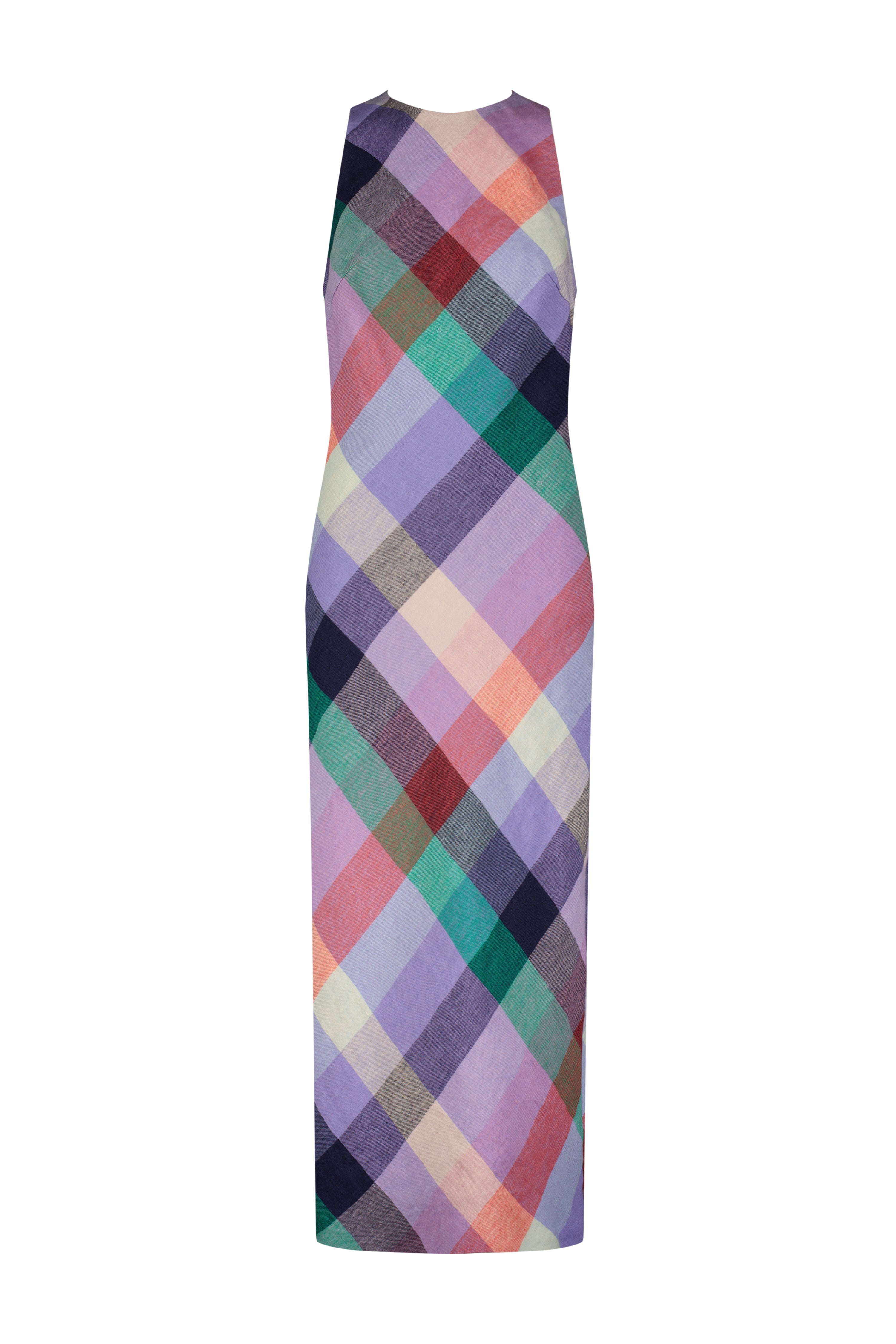 Plaid Linen Midi Dress in Lavender Multi