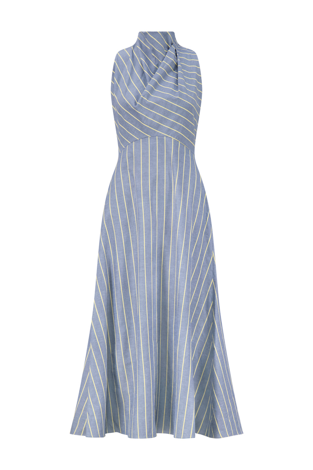 Striped Heathered Cotton Draped Halter Dress in Bluebell