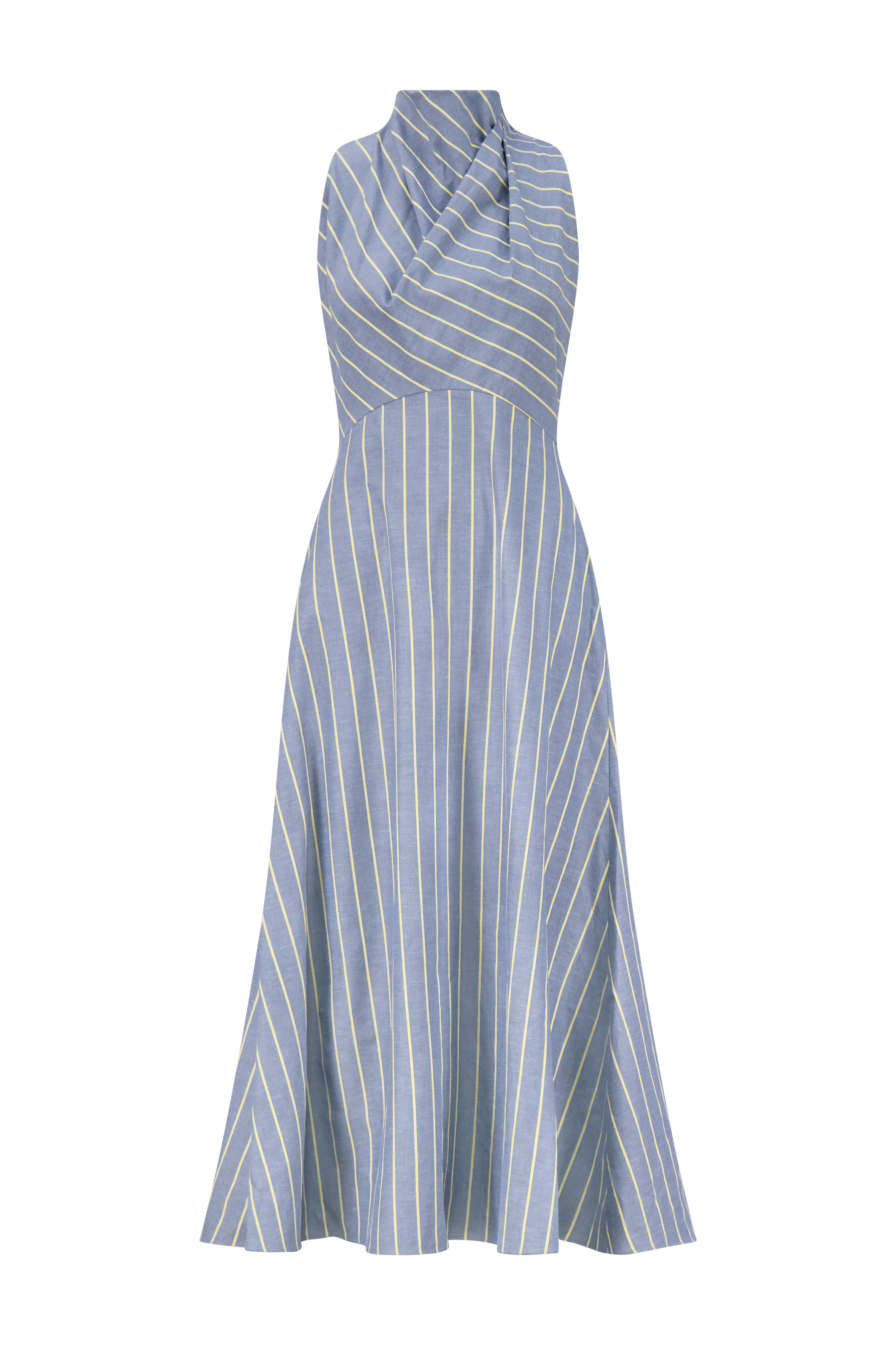 Striped Heathered Cotton Draped Halter Dress in Bluebell