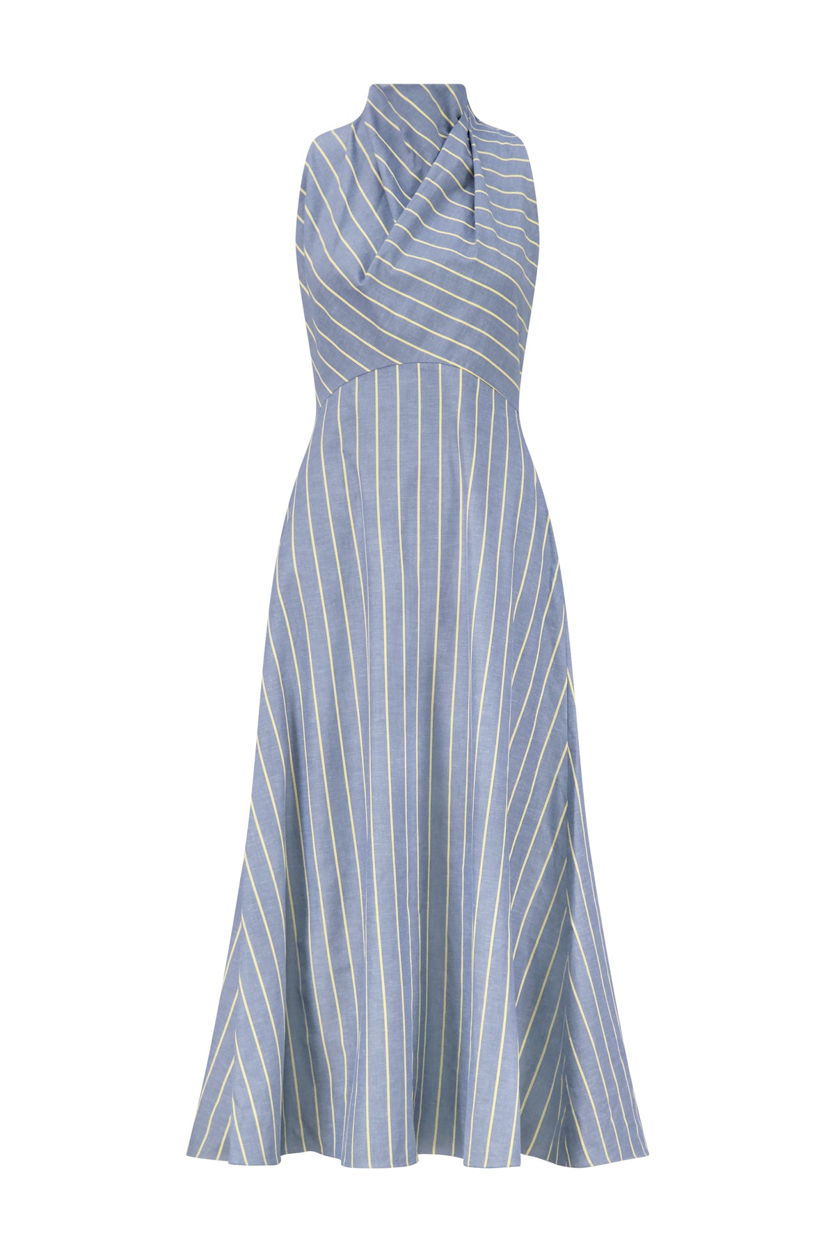 Striped Heathered Cotton Draped Halter Dress in Bluebell