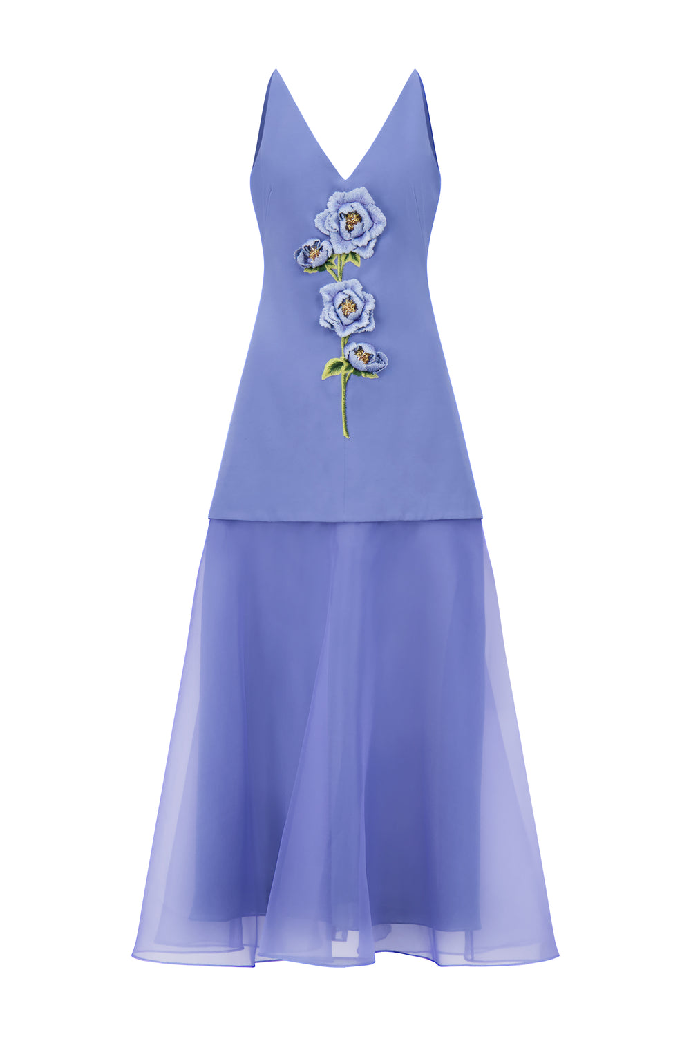 3D Peony Embroidered Faille V-Neck Dress in Bluebell/Blue