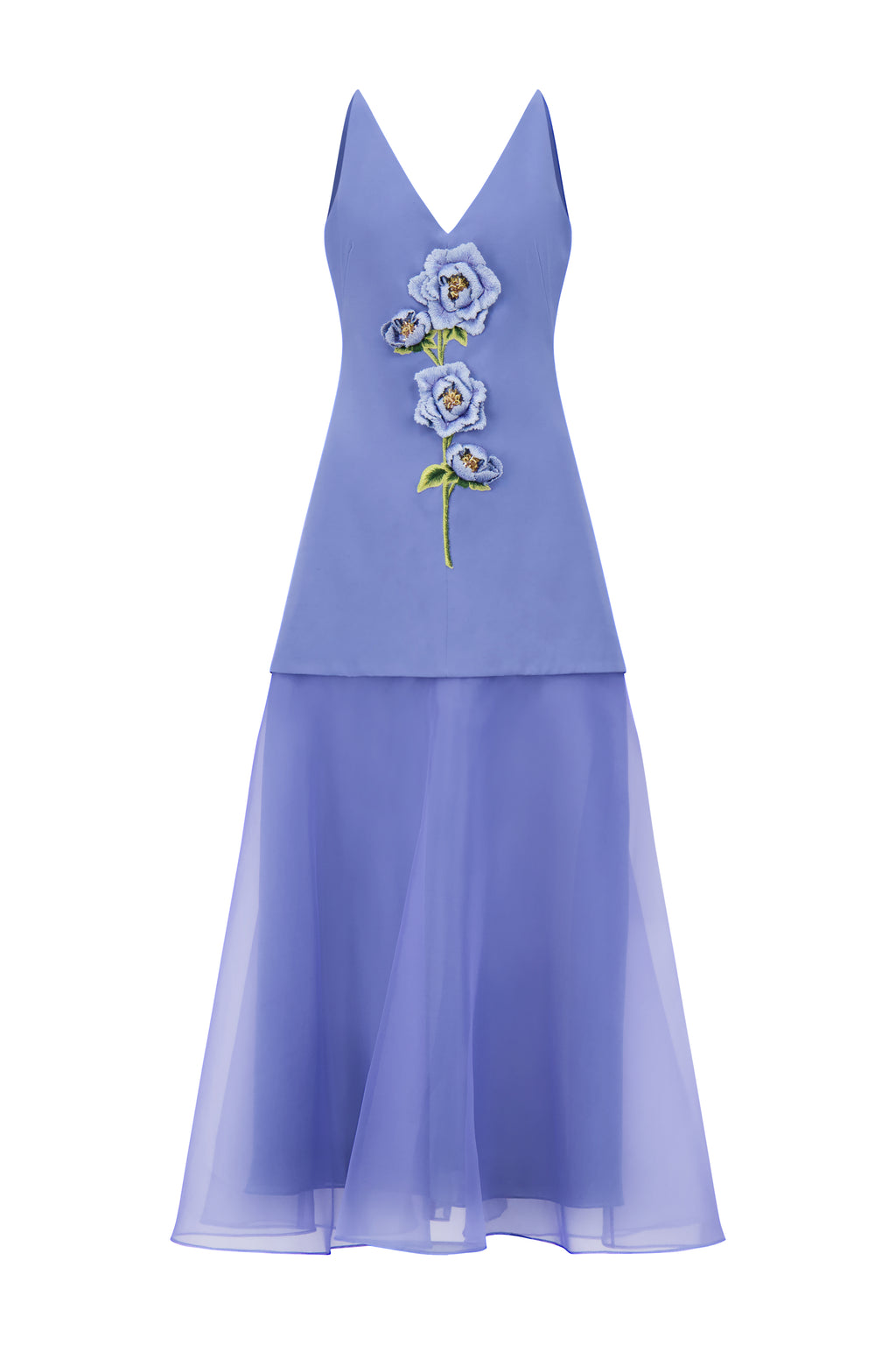 3D Peony Embroidered Faille V-Neck Dress in Bluebell/Blue