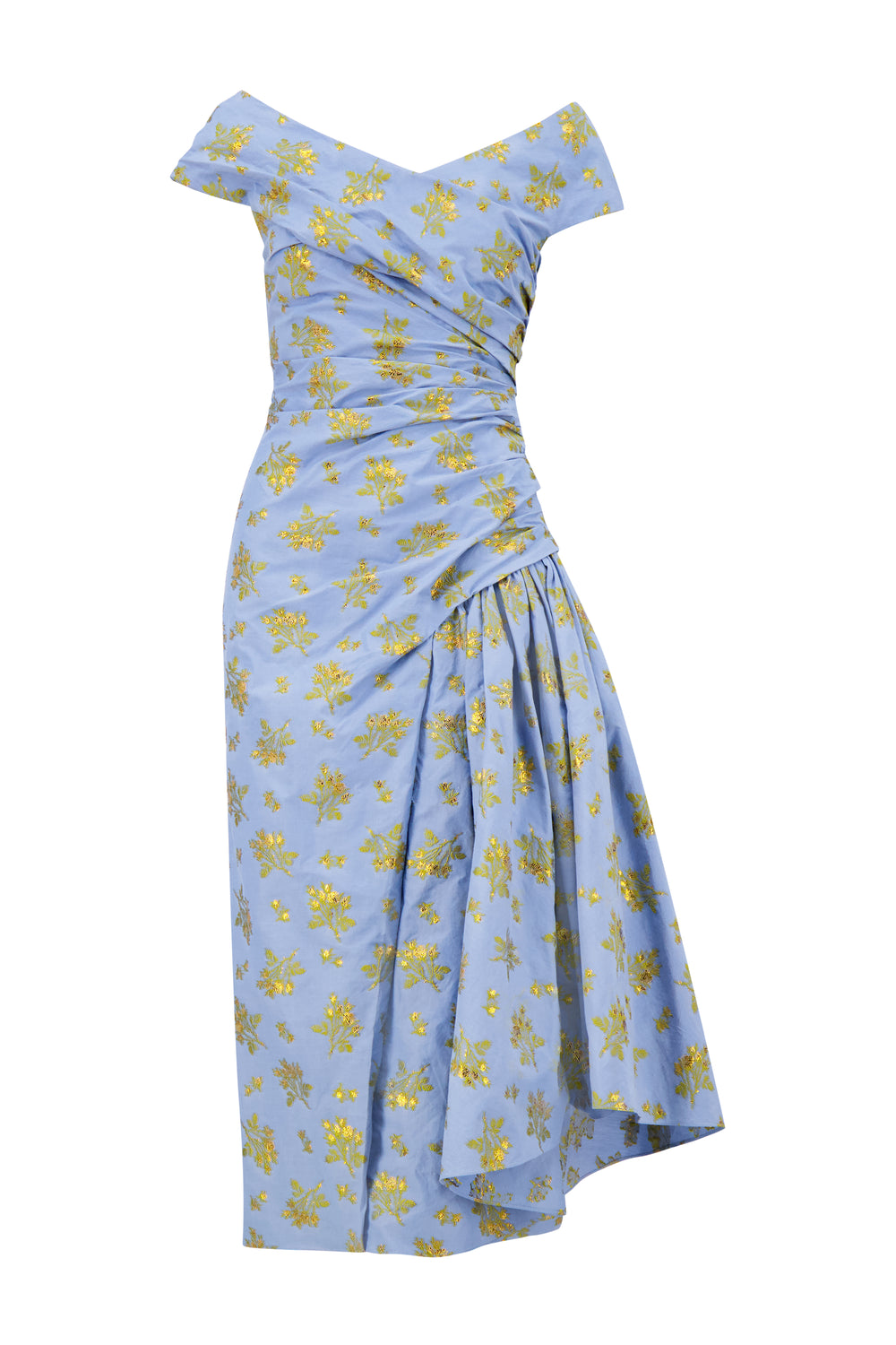 Metallic Floral Jacquard Asymmetrical Flounce Dress in Bluebell