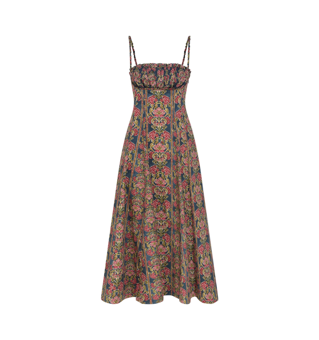 The Maisie Dress in Stowell Medallion Stripe Slate Berry