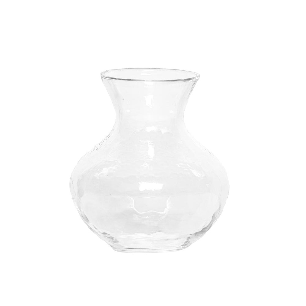 Front view of Puro Vase 6 in natural clear mouth-blown glass with rounded body and flared neck on white background