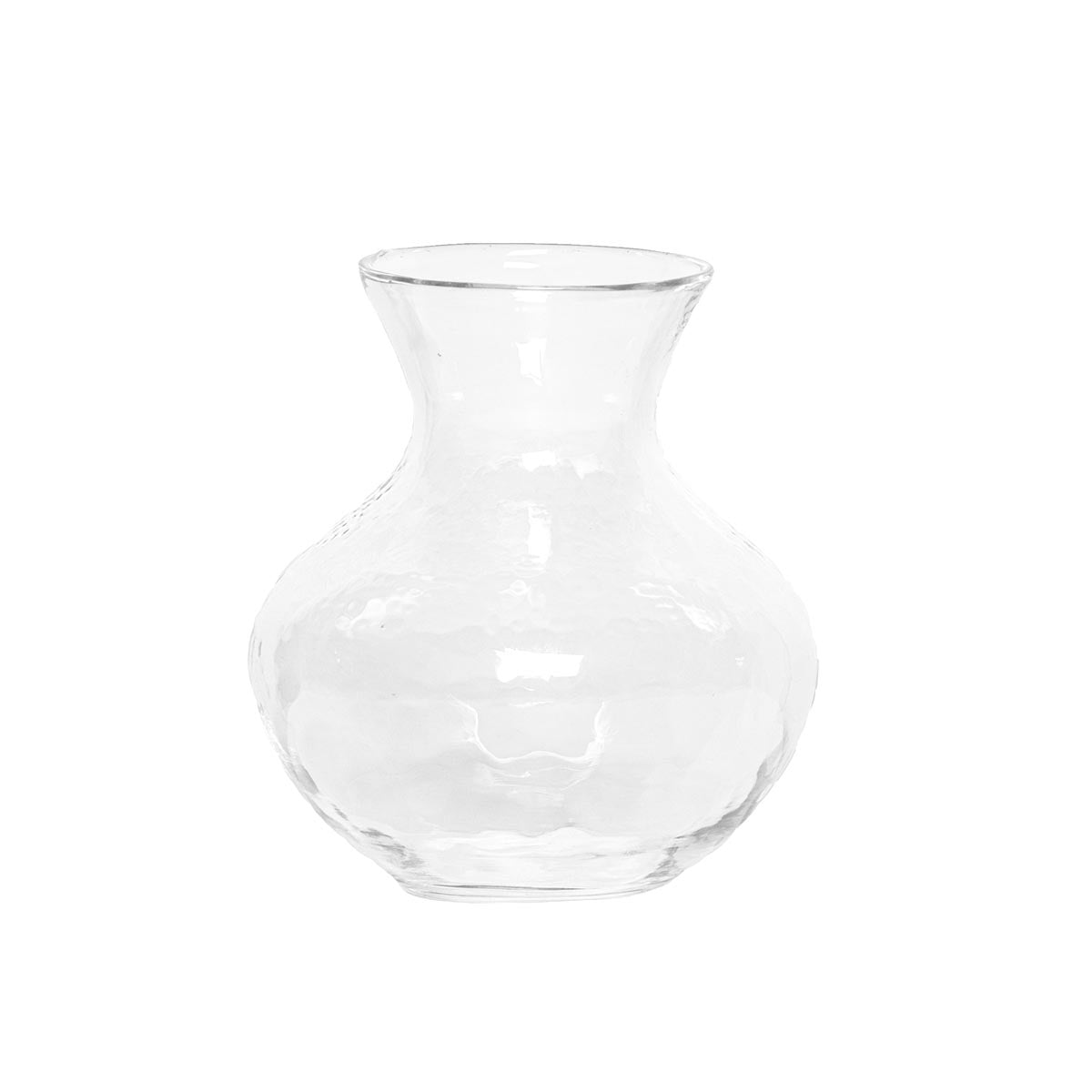 Front view of Puro Vase 6 in natural clear mouth-blown glass with rounded body and flared neck on white background