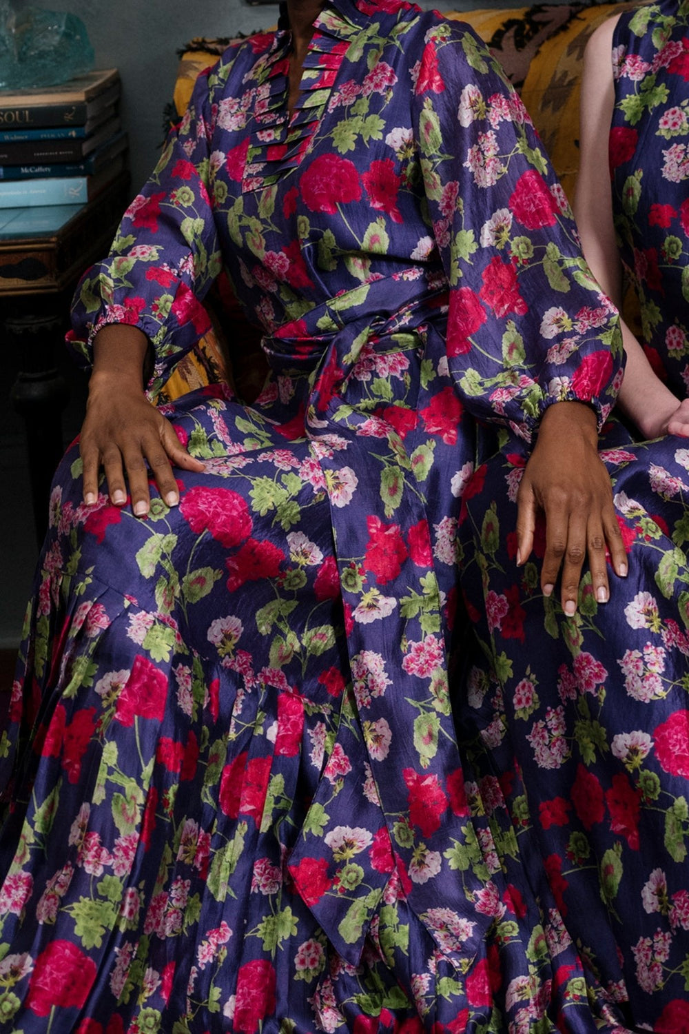 Pleated Flounce Gown in Geranium Silk
