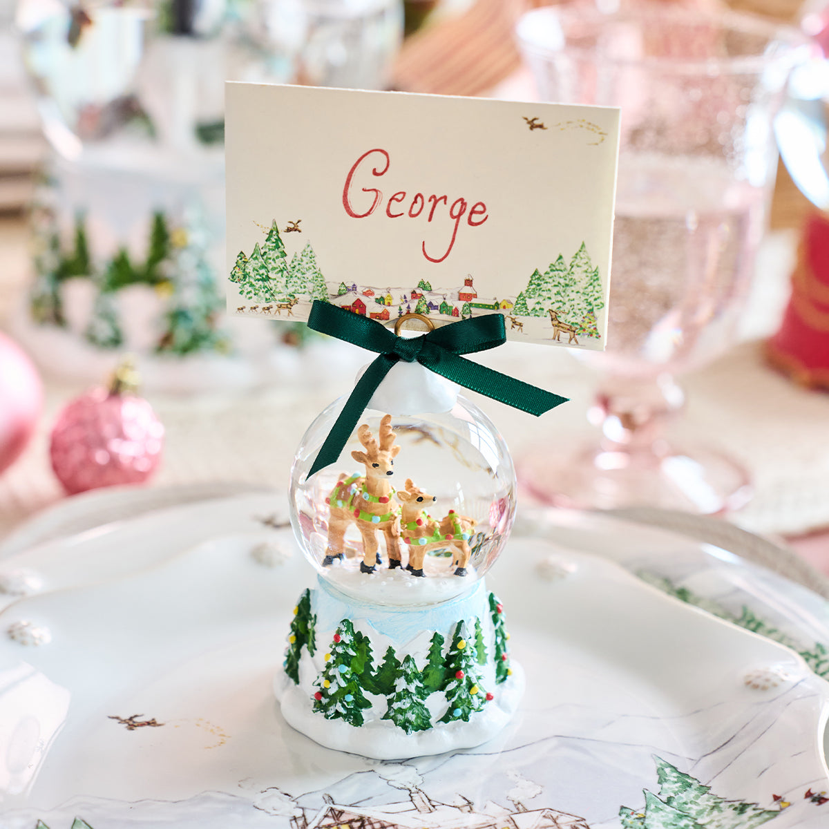 Berry & Thread North Pole Reindeer Snow Globe Place Card Holder
