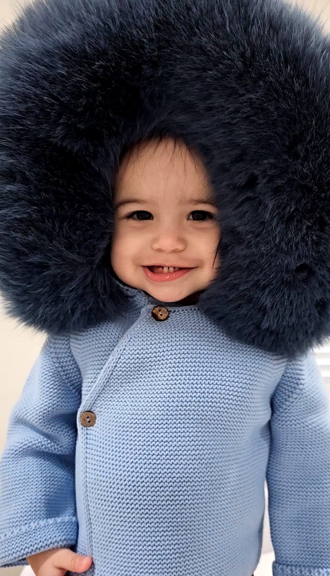 Knit Jacket with Removable Fur Hood in Blue