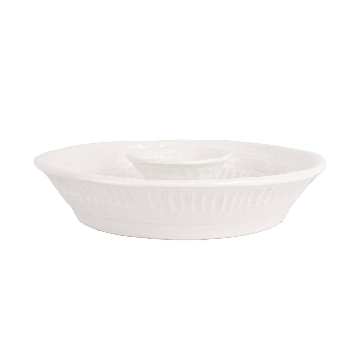 Front view of Pietra Serena Chip and Dip showcasing raised dip bowl and hand-pressed edges with white background