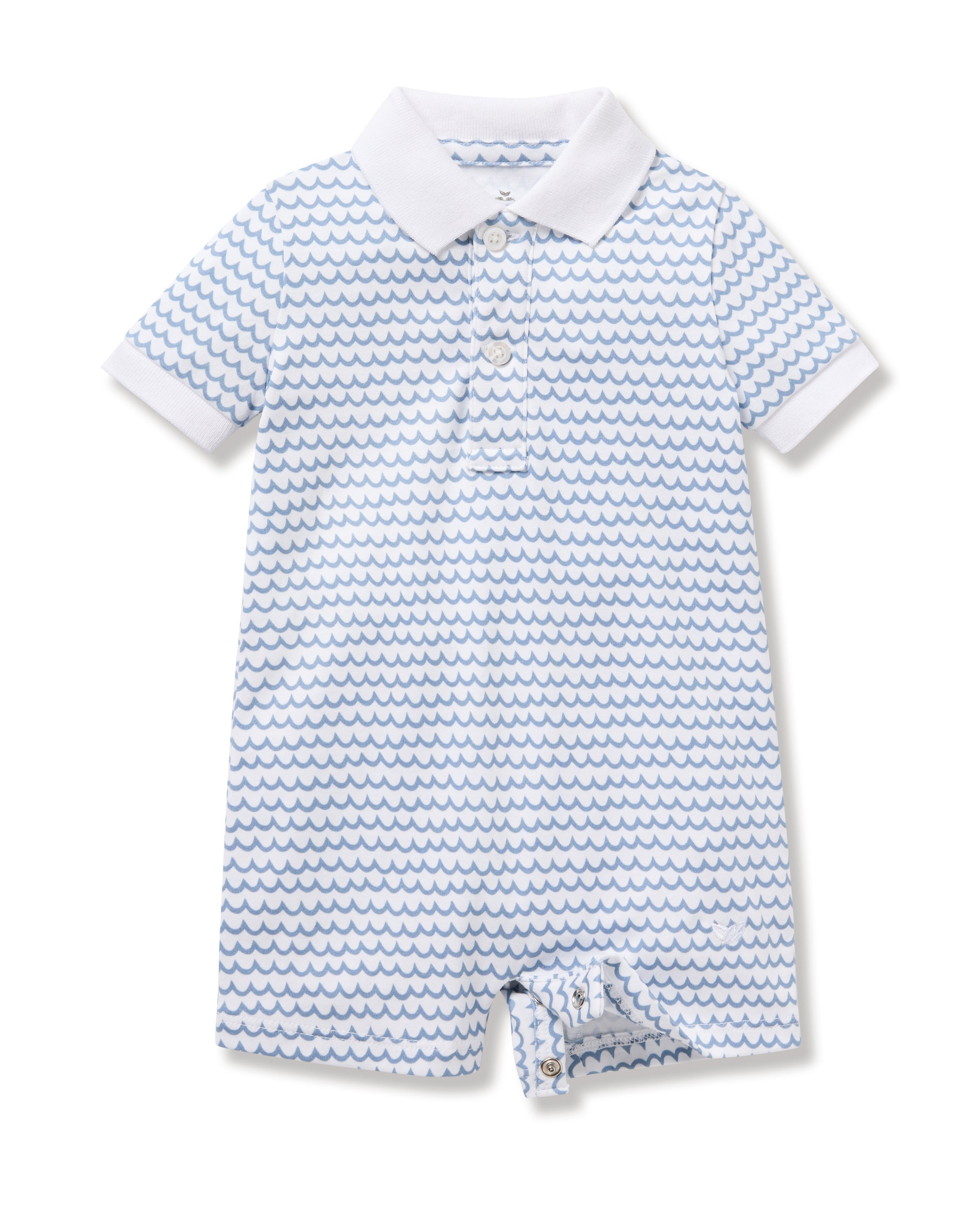 The Babys Pima Louis Play Romper in La Mer by Petite Plume is crafted from soft Pima cotton, featuring short sleeves, a shirt collar, button placket, and short legs. The fabric pattern has small wavy blue lines on white, evoking waves in a clean and crisp design.