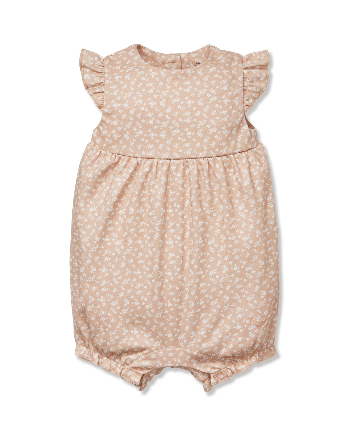 Front view of Baby’s Pima Isla Play Romper in Ditzy Waltz Camel showcasing white floral print and flutter sleeves on a white background