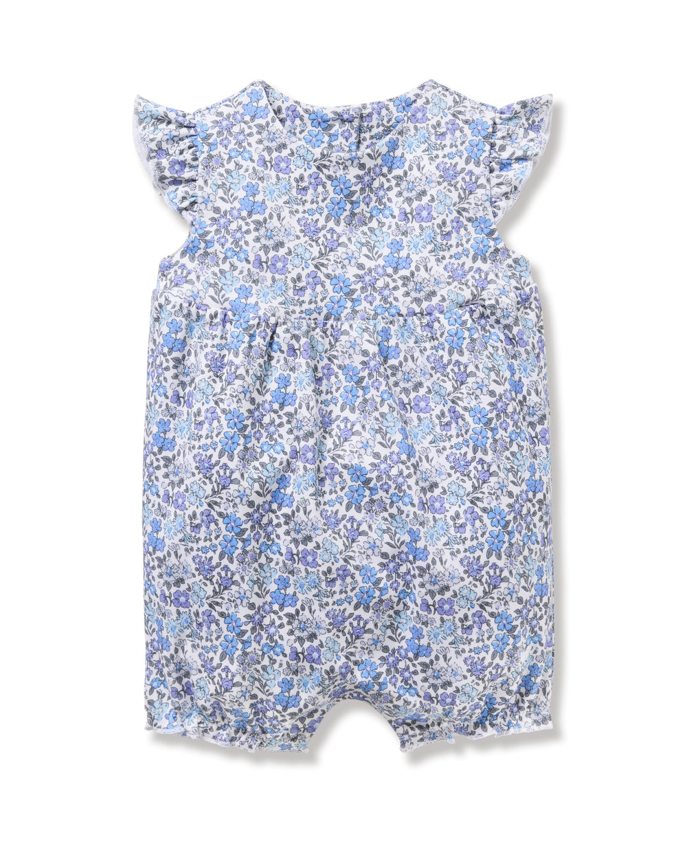 Front view of Baby Girl Pima Play Romper in Fleur d’Azur with blue-purple floral print, ruffled shoulders, and gathered waist