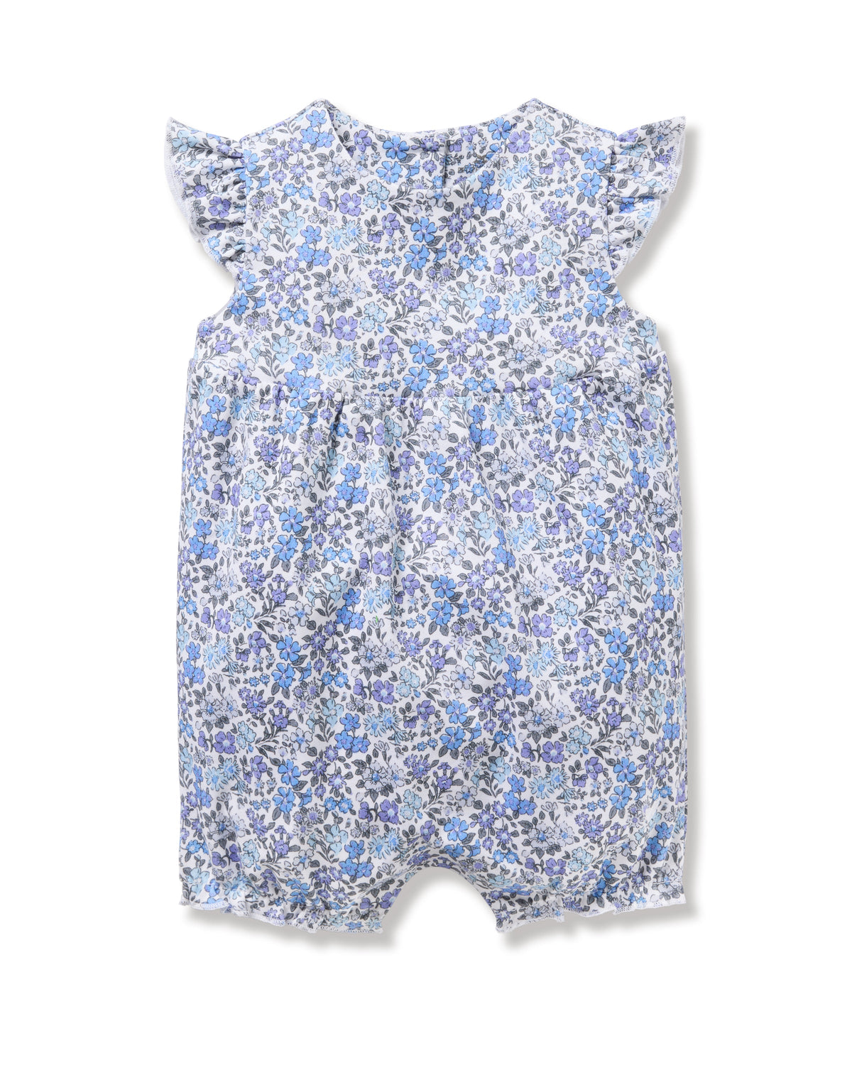 Front view of Baby Girl Pima Play Romper in Fleur d’Azur with blue-purple floral print, ruffled shoulders, and gathered waist