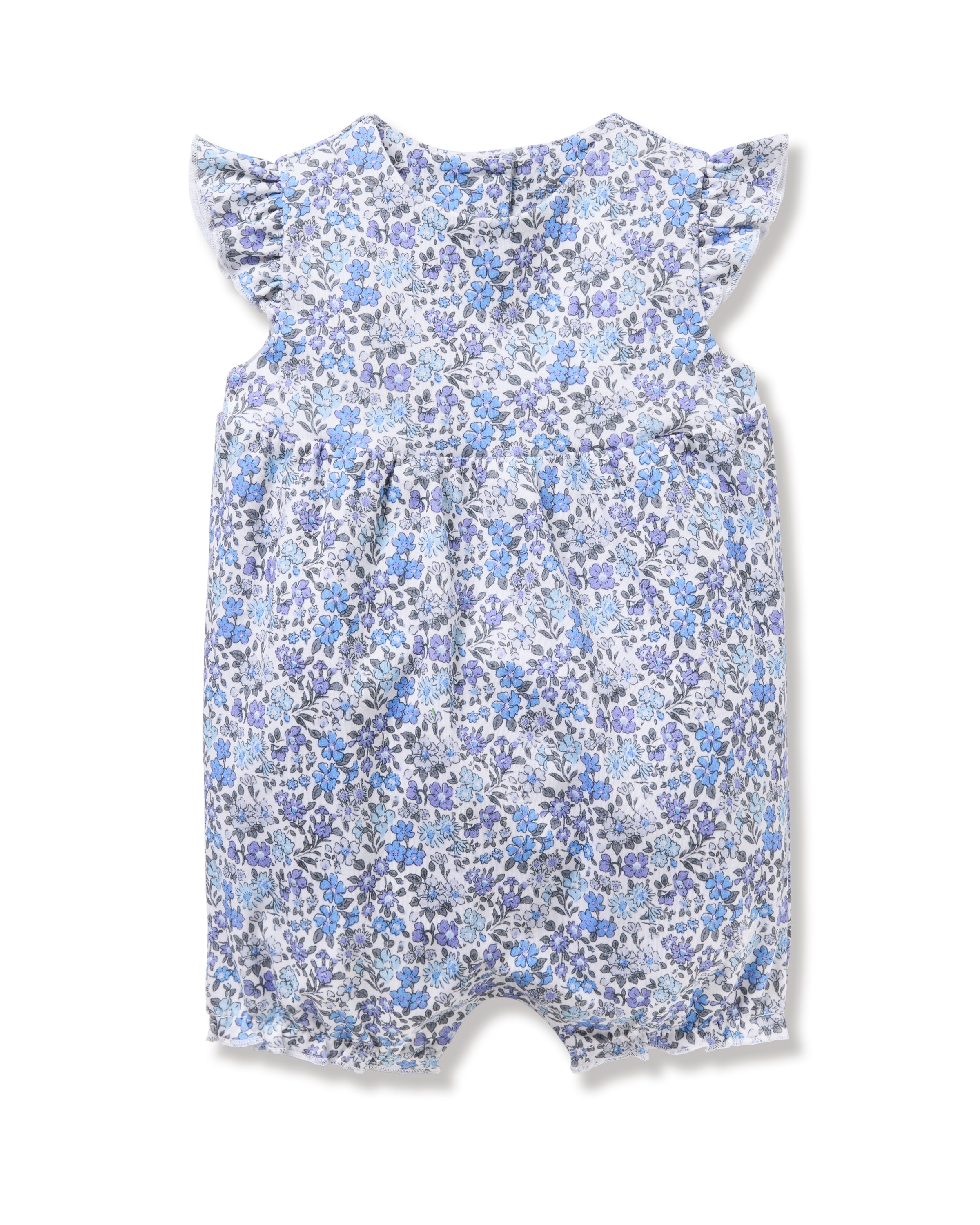 Petite Plumes Baby Girl Pima Play Romper in Fleur dAzur features a sleeveless design, floral pattern in blue and purple, ruffled shoulders, and a gathered waist. Made from 100% ultra-breathable Pima cotton, it combines lightweight comfort with a vintage-inspired look for your little one.