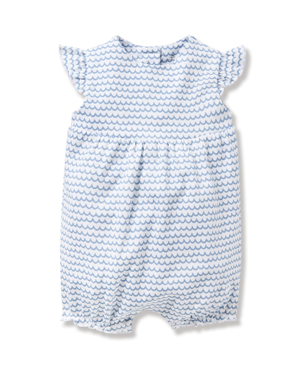 The Babys Pima Isla Play Romper in La Mer by Petite Plume is crafted from soft Pima cotton, showcasing short sleeves and a charming wave pattern in blue and white.