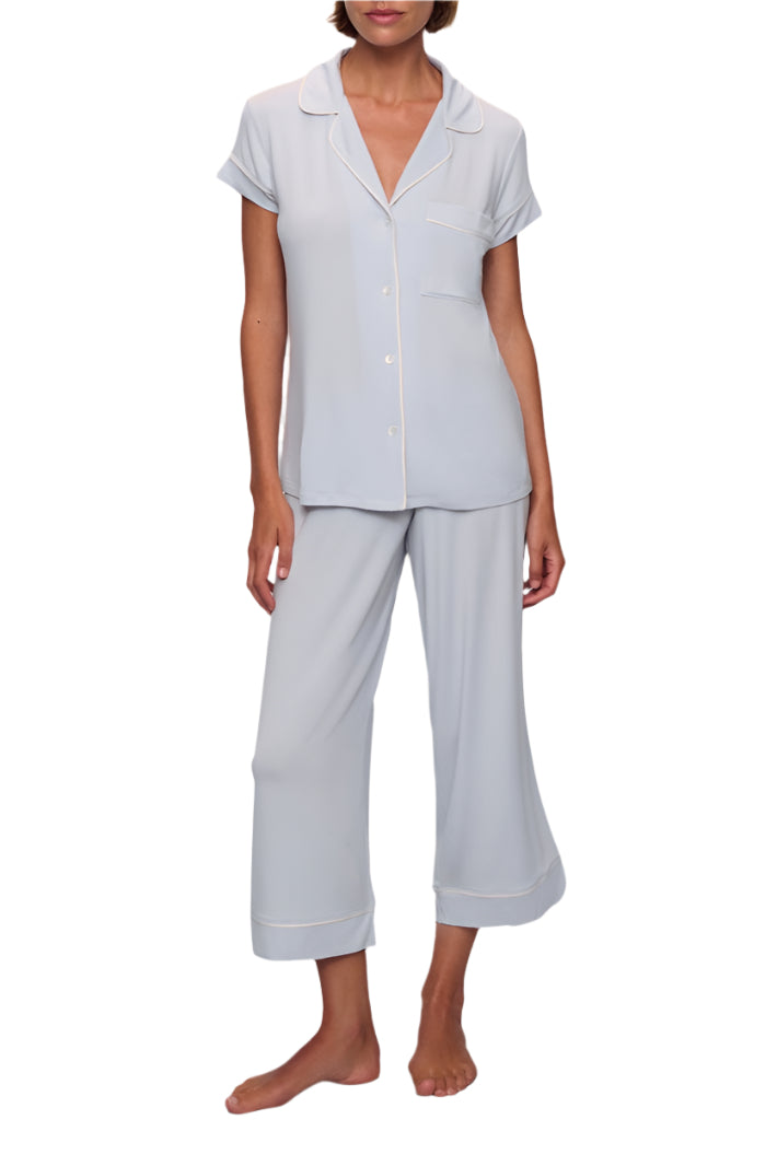 Gisele Short Sleeve Crop PJ Set in Ice Blue/Ivory