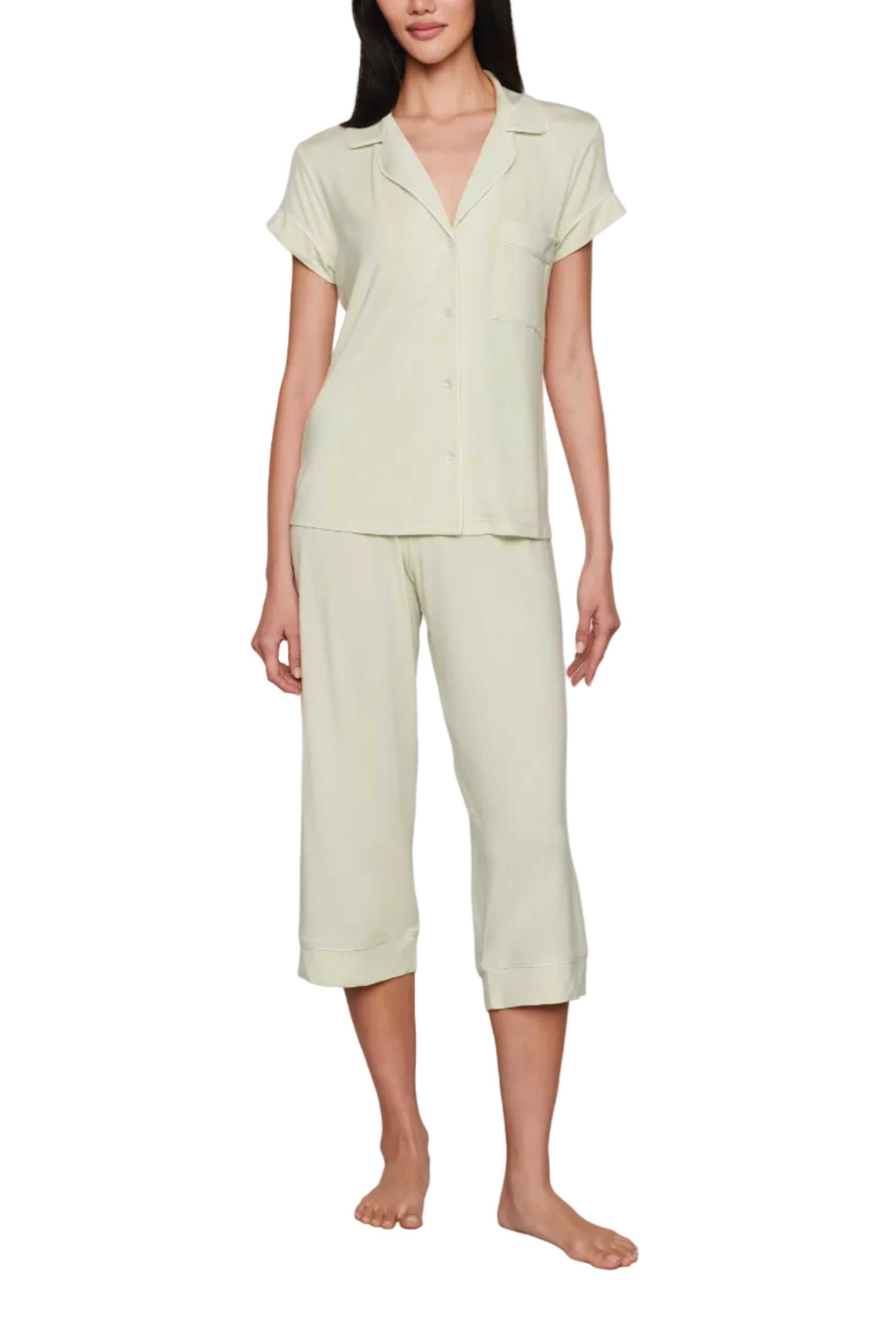 Gisele Short-Sleeve Crop PJ Set in Seafoam/Ivory