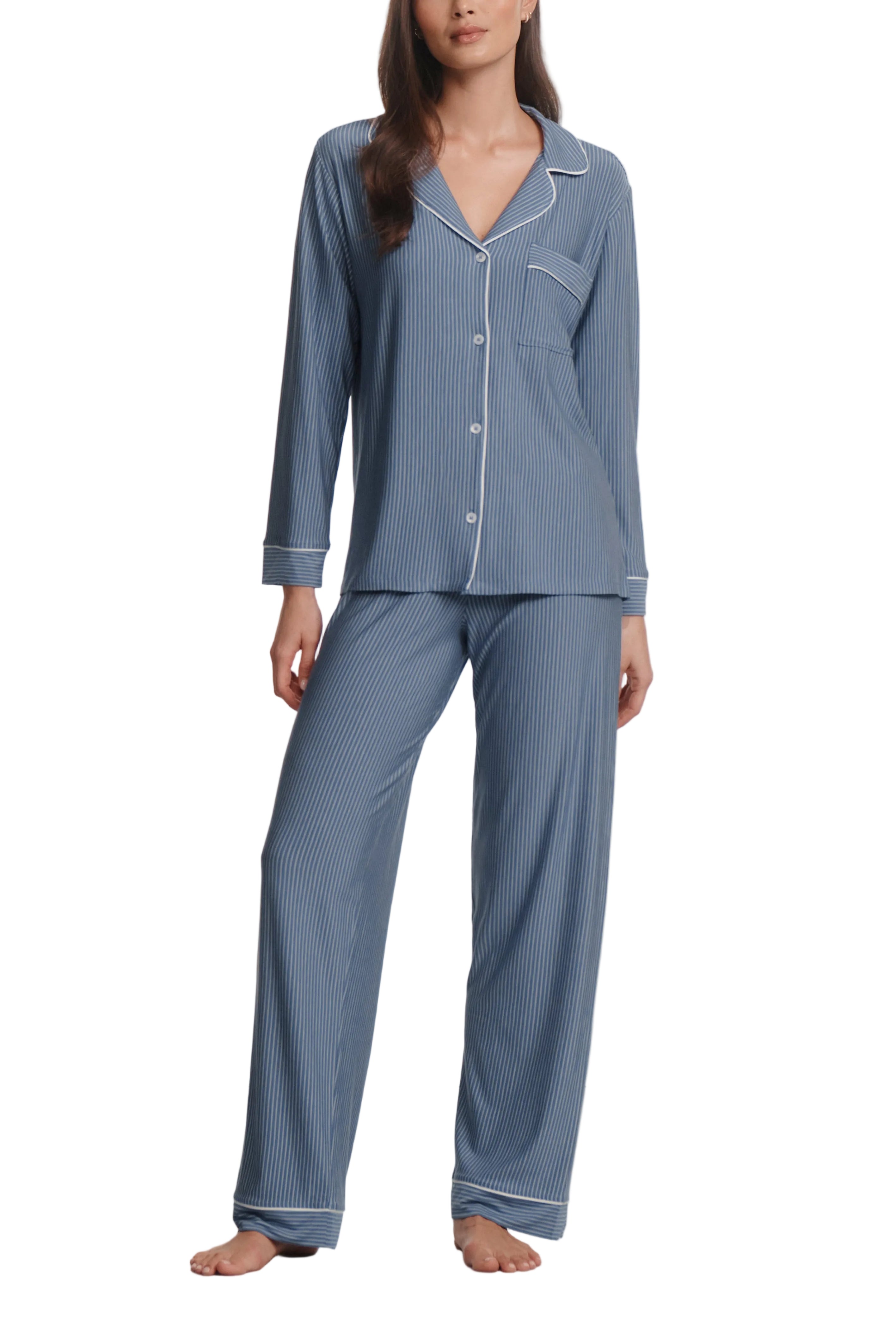 Gisele Printed Long PJ in Duo Stripe Slate Blue/Ivory