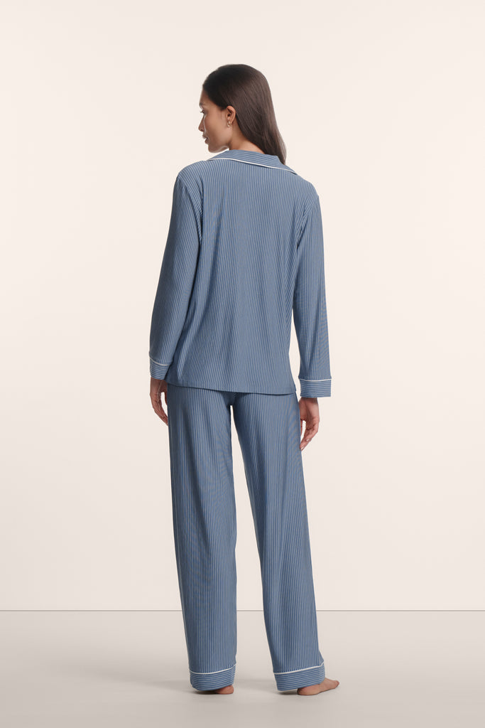 giselley Gisele Printed Long PJ in Duo Stripe Slate Blue/Ivory | Over The Moon