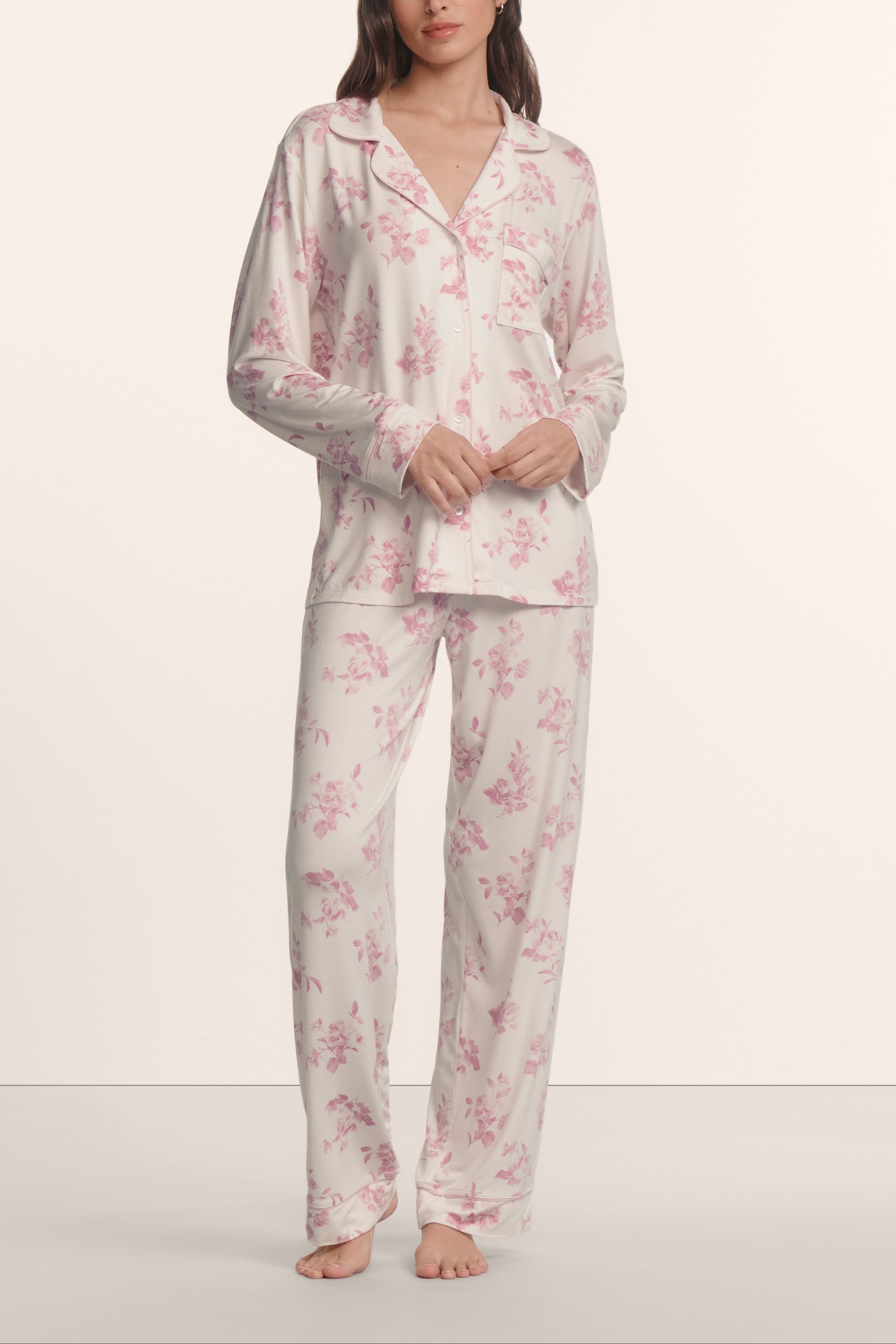 Gisele Printed Long PJ in Rose Garden Cameo Pink/Pale Pink