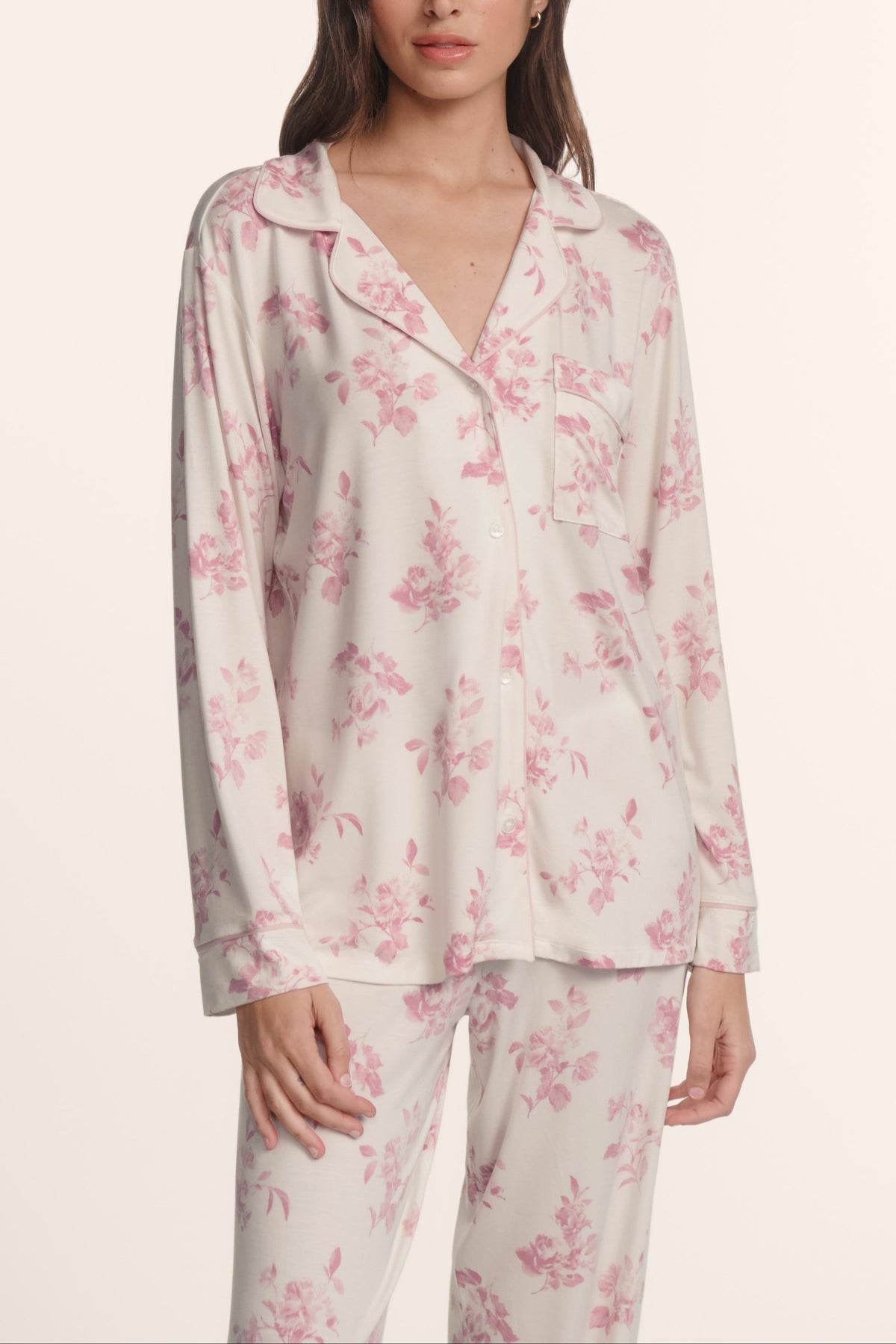 Gisele Printed Long PJ in Rose Garden Cameo Pink/Pale Pink