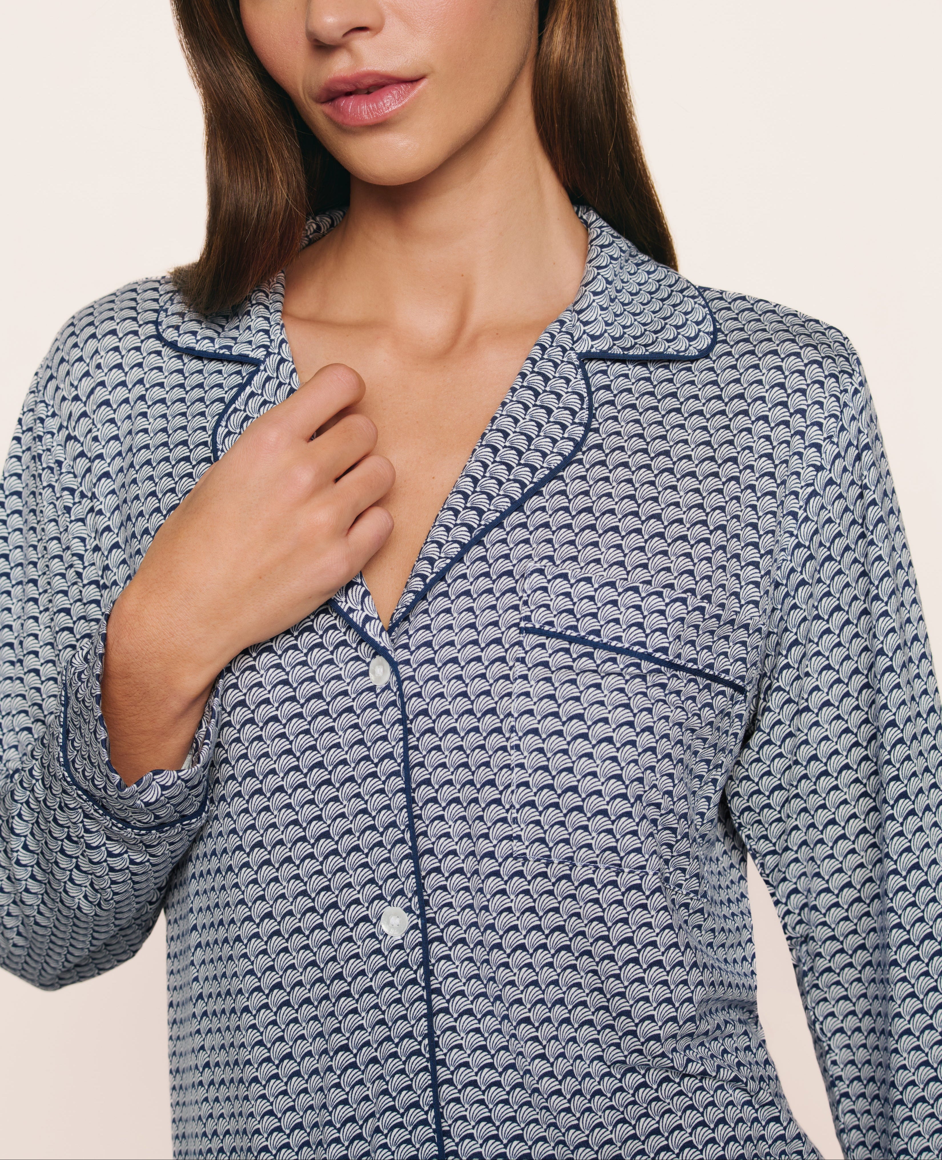 Gisele Printed Long PJ in Seashell Navy/Navy