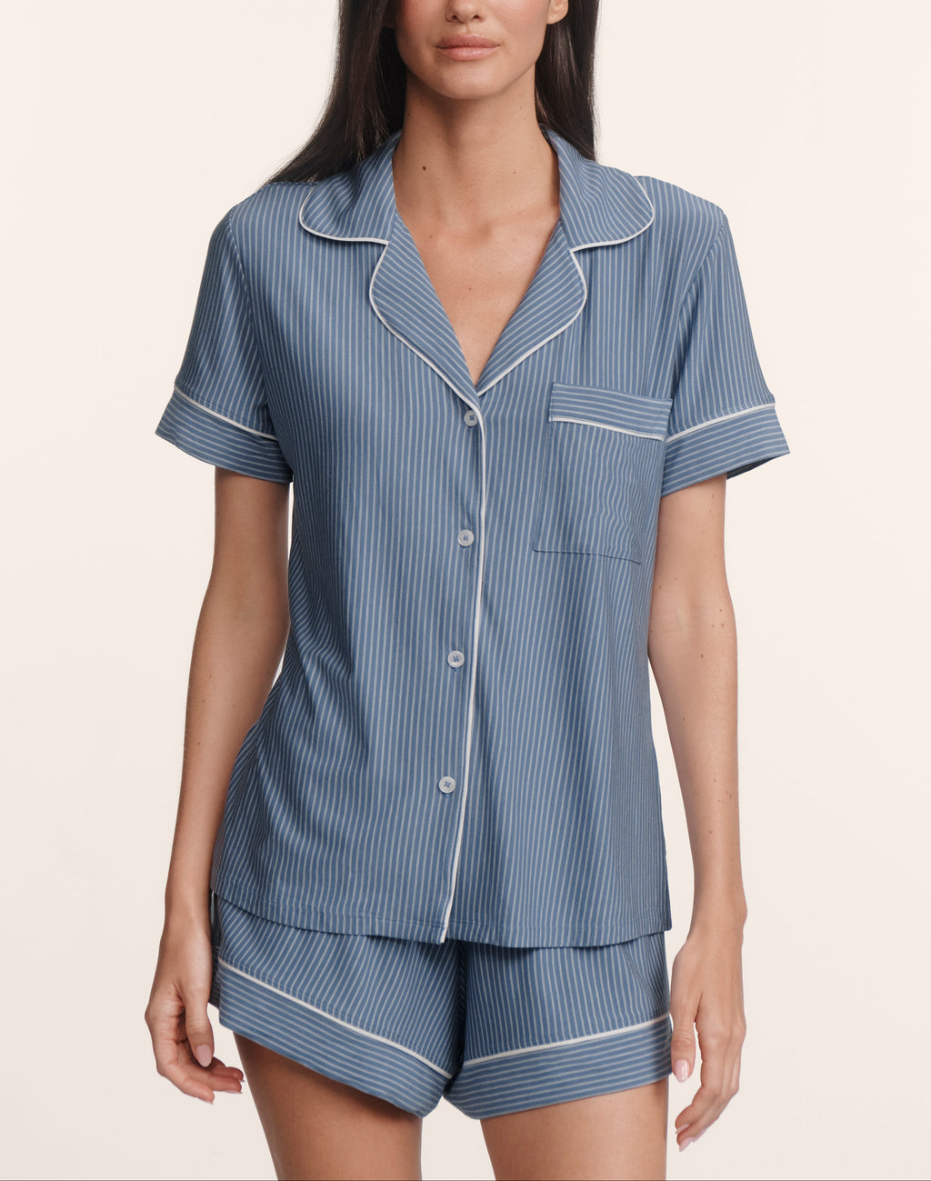 Gisele Printed Relaxed Short PJ in Duo Stripe Slate Blue/Ivory