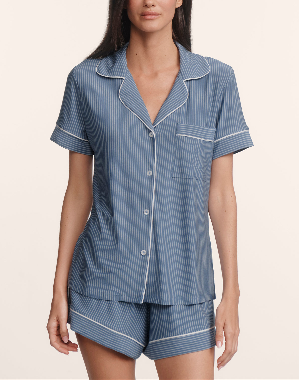 Gisele Printed Relaxed Short PJ in Duo Stripe Slate Blue/Ivory