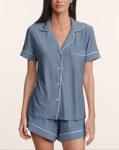 Gisele Printed Relaxed Short PJ in Duo Stripe Slate Blue/Ivory