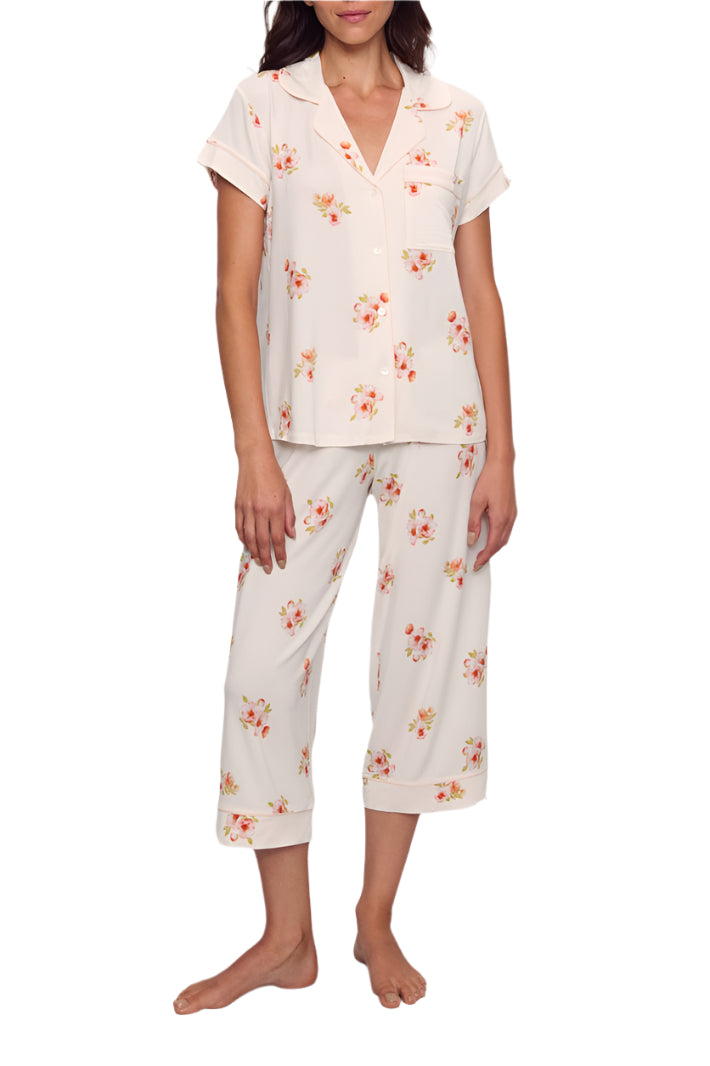 Gisele Printed Short Sleeve Crop PJ in Floral Bloom Ivy/Vanilla Cream